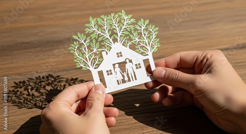 Hands holding a paper cutout of a house with a family inside, surrounded by trees and a shadow on a wooden table.