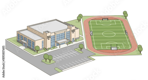 Isometric illustration of an athletic complex, featuring a modern sports building, a green soccer field with a running track, and a parking lot, ideal for sports, education, and community