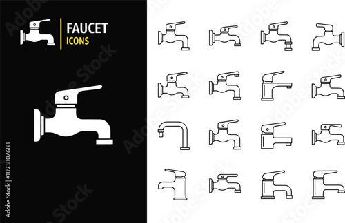 Vector illustration of faucet icons showing various designs, spout shapes, and handle styles, representing plumbing, water supply, household fixtures, and utility symbols for graphic design.