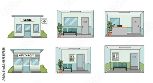 Illustrative set showcasing diverse healthcare facilities, including clinic exteriors, health booths, and detailed interior scenes of medical waiting rooms and reception areas