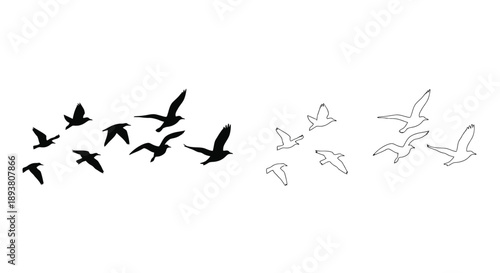 A flock of birds in flight depicted in a minimalist black and white style