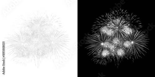 Festive white firework burst on transparent grid background and black sky for celebration design