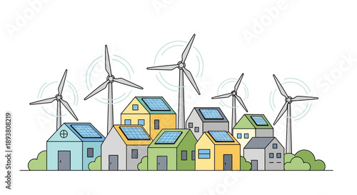 Eco-Friendly Community Powered by Renewable Energy Sources - Modern Houses with Solar Panels and Wind Turbines Illustrating Sustainable Living and Green Technology