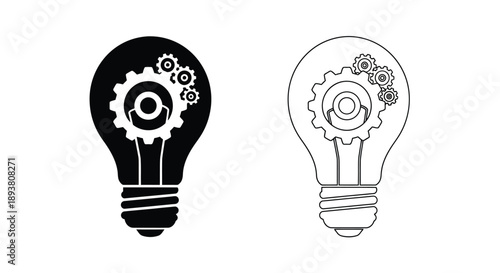 Two lightbulbs with gears inside one solid black and one outline