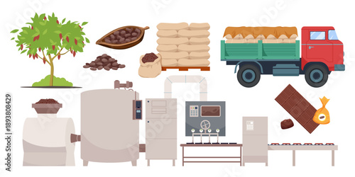 Cocoa tree, beans, sacks, truck, industrial chocolate making machines, and finished chocolate products shown in a detailed chocolate production process isolated on white background vector illustration