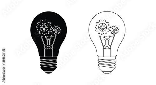 Two lightbulbs with internal gears one filled one outlined
