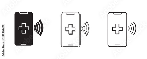 Healthcare Call Icon: Three variations of a smartphone, each displaying a medical cross symbol and emanating wireless signal waves, representing healthcare communication and remote medical assistance.