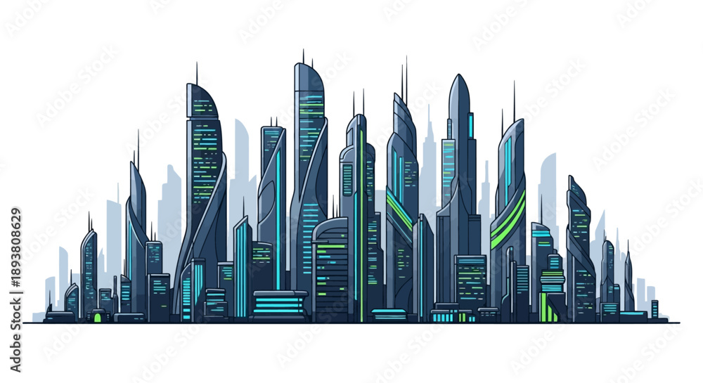 Obraz premium Dynamic futuristic cityscape vector illustration showcasing sleek, modern architecture with glowing accents, symbolizing progress, innovation, and urban development in a high-tech metropolis