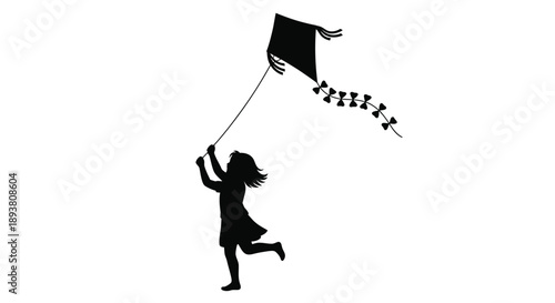 Silhouette of a girl flying a kite with a trail of birds