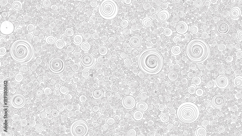 Gray background with white swirling spiral shapes and circles pattern