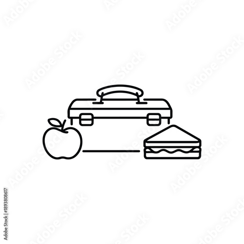 Back to school lunchbox with apple and sandwich black and white line vector illustration