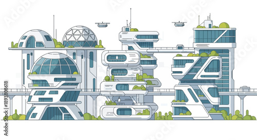 Visionary illustration of a sustainable future city featuring smart green buildings, interconnected infrastructure, and advanced urban transportation for eco-friendly living