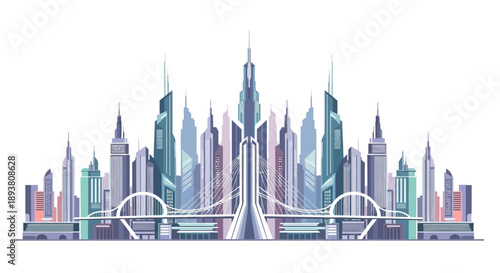 Dynamic City Horizon A Modern Architectural Vision of Connected Urban Towers and Graceful Bridges, Illustrating Growth and Connectivity in a Stylized Vector Artwork