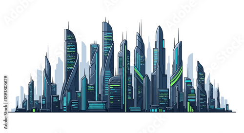 Dynamic futuristic cityscape vector illustration showcasing sleek, modern architecture with glowing accents, symbolizing progress, innovation, and urban development in a high-tech metropolis