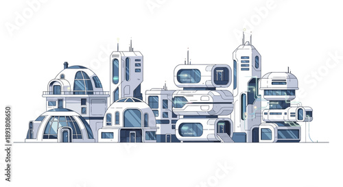 A detailed illustration portraying an advanced futuristic urban landscape with sleek, innovative architectural structures, envisioning a technologically progressive city design