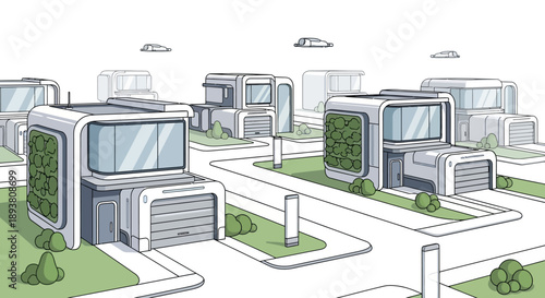 Illustration of a futuristic sustainable neighborhood featuring modern houses with vertical gardens and advanced eco-friendly design, depicting smart urban living in a green city