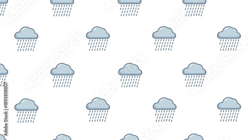 Rainy weather pattern with gray clouds and raindrops on white background for design