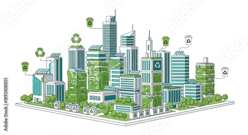 Illustrative concept of a sustainable green city, showcasing eco-friendly buildings, solar panels, and vertical gardens for modern urban environmental development