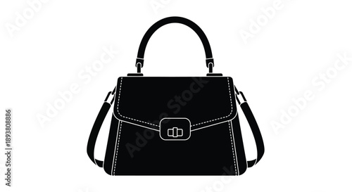 A black and white illustration of a structured handbag with a top handle