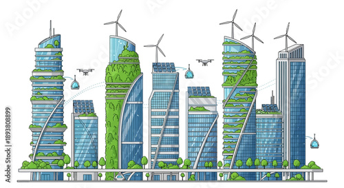 Dynamic illustration of a future green city, showcasing sustainable architecture, renewable energy solutions, and advanced eco-friendly urban living