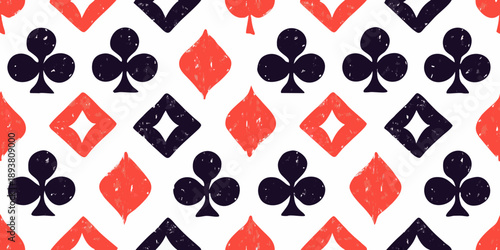 A repeating pattern of playing card suits in red and black
