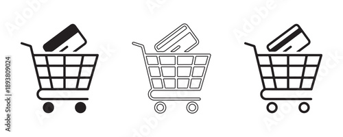 E-commerce Essentials: Streamlined illustrations capture the essence of online shopping with shopping carts and payment cards, symbolizing convenience and modern commerce.