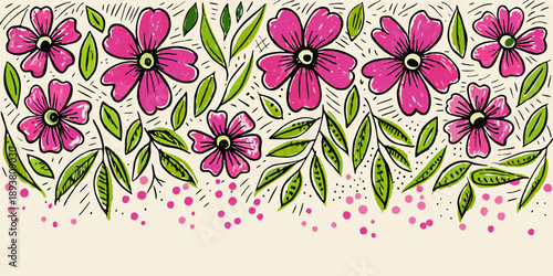A colorful hand drawn illustration of pink flowers and green foliage