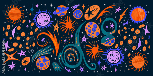 Colorful illustration of planets stars and comets in a whimsical space scene