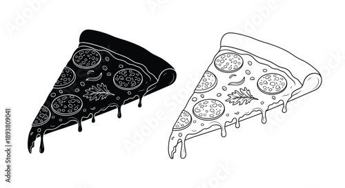 Two pizza slices one black and one white with pepperoni toppings