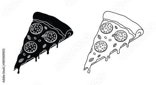 Two pizza slices one filled and one outlined showing pepperoni toppings