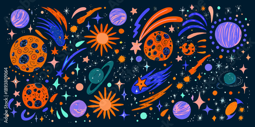 Colorful illustration of planets stars and comets against a dark background