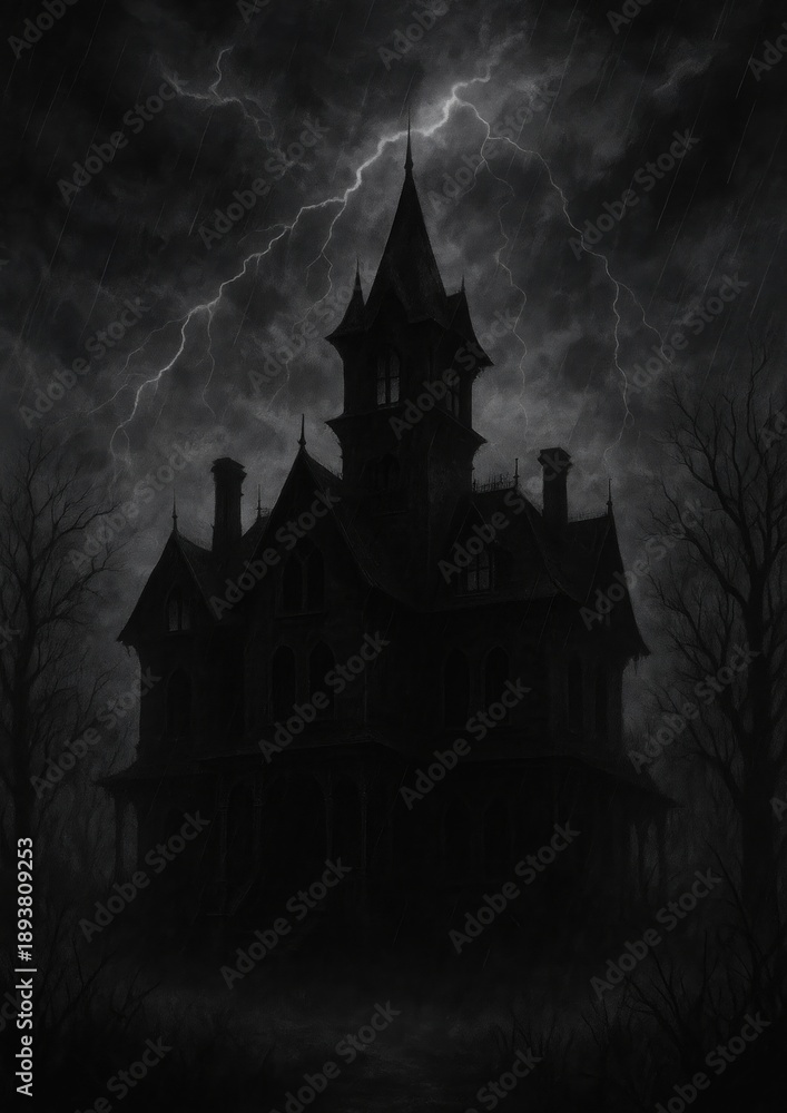 Fototapeta premium Gothic haunted house under storm
