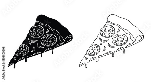 Two pizza slices in contrasting black and white line art styles
