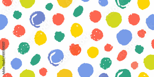 Colorful abstract pattern of irregular painted dots on a white background