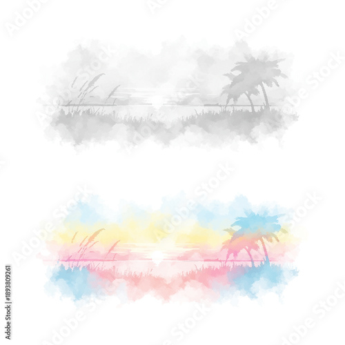 Watercolor Tropical Sunset Landscape Vector Illustration with Palm Trees and Grass