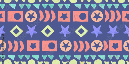 Colorful geometric pattern with repeating shapes and whimsical designs