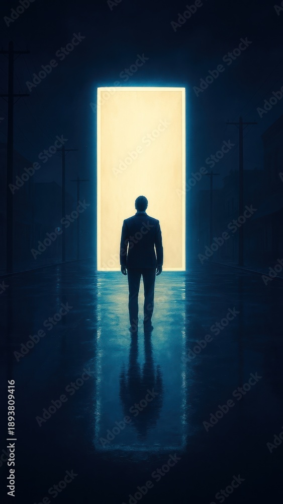 Fototapeta premium Mysterious silhouette facing glowing portal mobile wallpaper