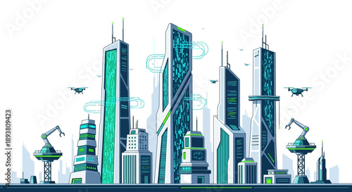 Vibrant illustration of a futuristic smart city skyline, showcasing advanced technology, automated systems, and innovative architecture within a sustainable urban environment