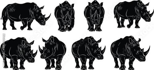 Black rhino silhouette set featuring rhinoceros icons in diverse standing and walking poses for safari wildlife nature conservation design elements