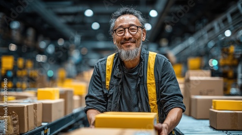 Smiling older Asian man in a warehouse, wearing glasses, holding a package