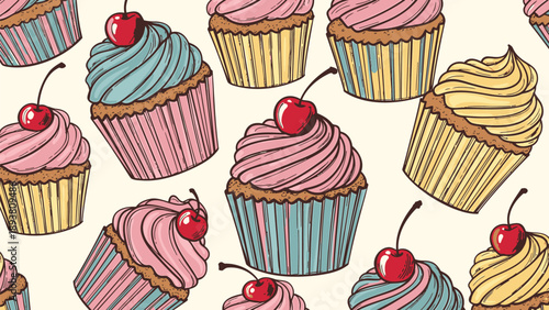 Colorful cupcakes with cherry toppings on cream background pattern