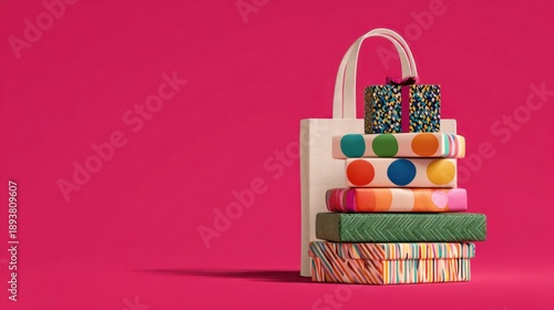 Stack of colorful wrapped gifts inside a white tote bag, on a bright pink backdrop