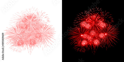 A grand display of red fireworks illuminates a transparent background and a dark sky, creating a festive atmosphere