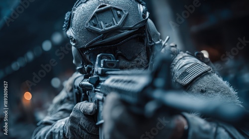 Soldier in combat gear aims rifle. Focus on face, helmet, weapon, and blurry background