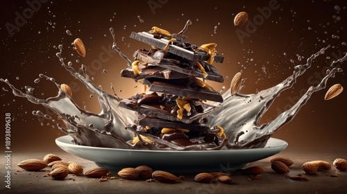 Stacked chocolate pieces topped with nuts, erupting from water splash on a plate