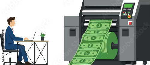 Businessman operating money printing machine with dollar bills rollBusinessman operating money printing machine with dollar bills roll