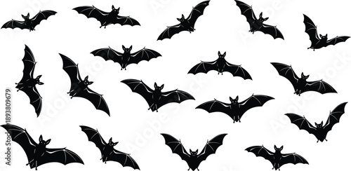 Black silhouette flying bats set with vampire bat icons and scary halloween animals collection for spooky night party decoration design elements