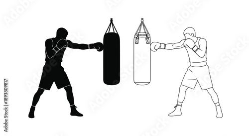 Boxer silhouettes practicing punches with a hanging punching bag