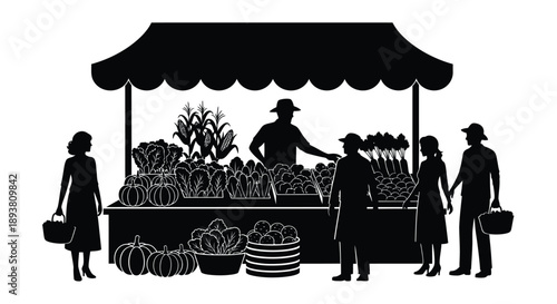 Black and white illustration of a farmers market stall with people