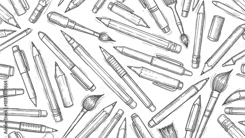 Drawing tools scattered randomly pencils brushes on white background artistic supplies